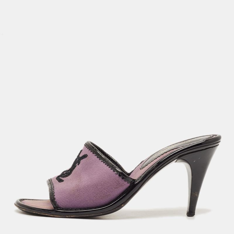 Yves Saint Laurent Size 38 Purple/Black Canvas And Patent Leather Logo Slide
